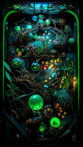 organic pinball machine, playfield bioluminescent flora, branchy flippers and chutes, spider pinballs, coiled snake plunger glowing bug bumbers, lunarpunk --upbeta --seed 5434492 --ar 9:16