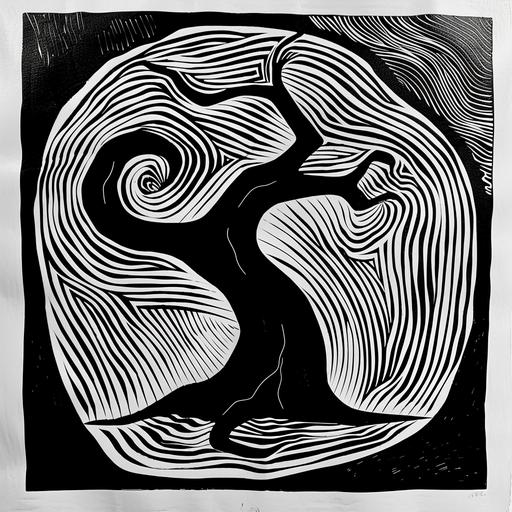 organic vortex tree black and white thick bold lines linocut Paul Rand style