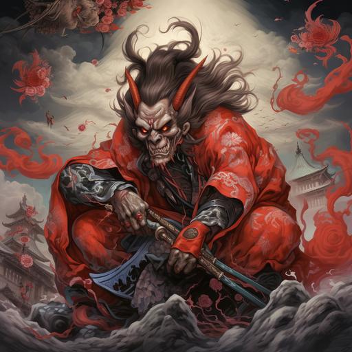 oriental oriented character design, tattoo design, samurai in red Demonic armor on his knees in front of the hannya demons shrine, demonic ghost coming from his back who is taking slowly his soul, clouds in the background, unique yokai illustrations, detailed character design, detailed armor, simole line work