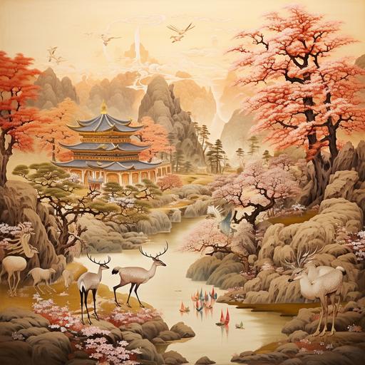 oriental spring landscape with animals 2000years ago