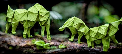 origami elefants, origami crocodiles, origami lions, origami rhinos, origamo buffalos, origamo giraffes, origami leopards, origami rainforest birds inside a realistic forest full of ferns, surreal, photo realistic details, --ar 21:9