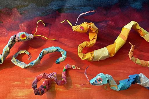 origami snakes on mars, arts and crafts, paper creatures, in the style of tangled forms, use of paper, biomorphic forms, texture experimentation, wormcore marscore  --ar 3:2 --v 6.0