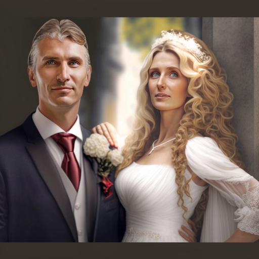 original faces wedding coulpe 40 year old man with square face and 30 year old blonde womanin wedding dress with long wavy hair fantasy artwork style realistic hd --v 4