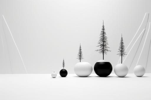 ornaments and small pine trees, in the style of minimalist backgrounds, white and black, white background --ar 128:85