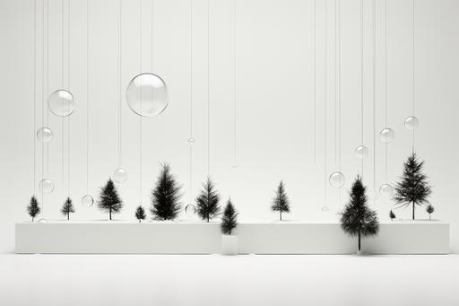 ornaments and small pine trees, in the style of minimalist backgrounds, white and black, white background --ar 128:85