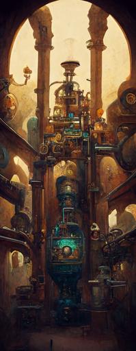 ornate dalaran steampunk boiler room interior, stefan bleekrode, breath of the wild::1 vanishing point::0.4 --ar 55:144 --chaos 0 --uplight