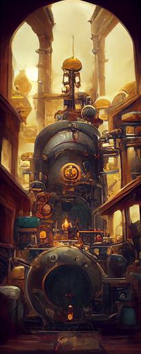 ornate dalaran steampunk boiler room interior, stefan bleekrode, breath of the wild::1 vanishing point::0.4 --ar 55:144 --chaos 0  --upbeta
