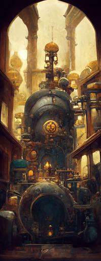 ornate dalaran steampunk boiler room interior, stefan bleekrode, breath of the wild::1 vanishing point::0.4 --ar 55:144 --chaos 0  --uplight