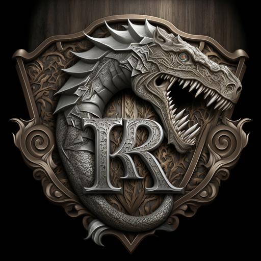 ornate dark fantasy trex logo, silver, wood --v 4