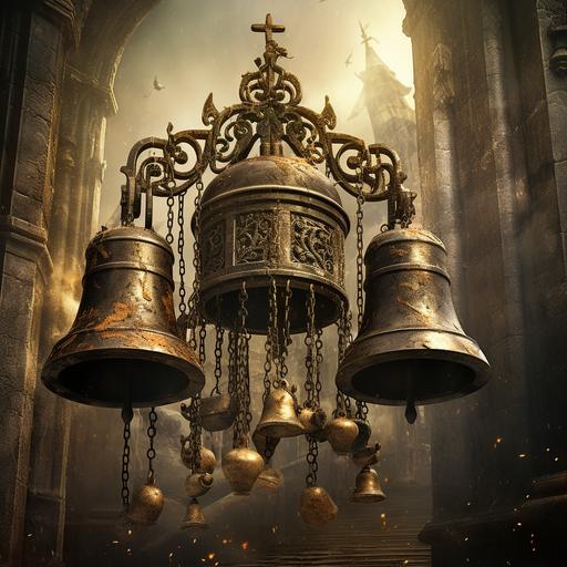 ornate fantasy alarm bells ringing in a town tower, medieval grunge