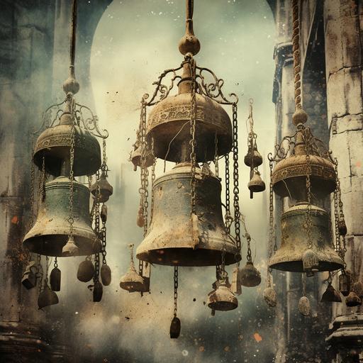 ornate fantasy alarm bells ringing in a town tower, medieval grunge