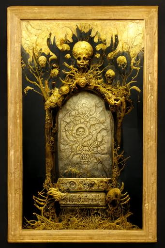 ornate tombstone shaped golden frame for an undead god --ar 9:13