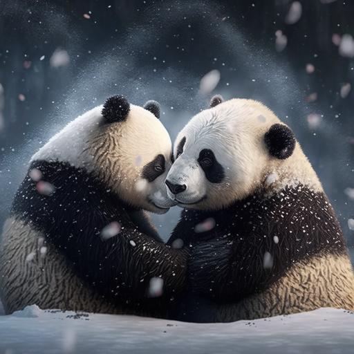 oso panda lleno de copos de nieve enamorado