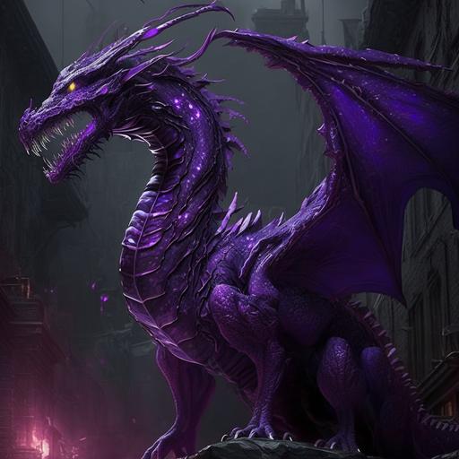 The menacing purple ghostly dragon is a creature that strikes fear into the hearts of all who behold it. Its spectral form is shrouded in a deep, rich purple hue that seems to pulse and throb with malevolent energy. Its massive wings stretch out, spanning the length of several buildings, and flap with a ghostly sound that echoes through the night. Its eyes are piercing and cold, glowing a sickly shade of green that seems to radiate a sense of malevolence. Its scales are iridescent and shimmer in the moonlight, but instead of reflecting light, they seem to absorb it, adding to the creature's eerie appearance. As the dragon moves, its body appears to be partially transparent, allowing glimpses of the night sky to be seen through it. It seems to glide effortlessly through the air, and the sound of its wings is like a haunting melody that lingers long after it has passed. Its roar is like the sound of a thousand souls crying out in agony, and its breath weapon is a blast of purple flame that seems to absorb the life force out of everything it touches. Its claws are razor-sharp and leave deep gouges in the earth with every swipe, and its teeth are long and jagged, like shards of purple crystal.