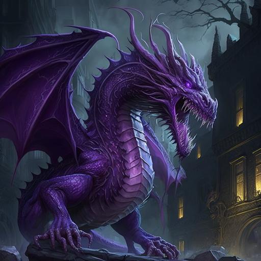 The menacing purple ghostly dragon is a creature that strikes fear into the hearts of all who behold it. Its spectral form is shrouded in a deep, rich purple hue that seems to pulse and throb with malevolent energy. Its massive wings stretch out, spanning the length of several buildings, and flap with a ghostly sound that echoes through the night. Its eyes are piercing and cold, glowing a sickly shade of green that seems to radiate a sense of malevolence. Its scales are iridescent and shimmer in the moonlight, but instead of reflecting light, they seem to absorb it, adding to the creature's eerie appearance. As the dragon moves, its body appears to be partially transparent, allowing glimpses of the night sky to be seen through it. It seems to glide effortlessly through the air, and the sound of its wings is like a haunting melody that lingers long after it has passed. Its roar is like the sound of a thousand souls crying out in agony, and its breath weapon is a blast of purple flame that seems to absorb the life force out of everything it touches. Its claws are razor-sharp and leave deep gouges in the earth with every swipe, and its teeth are long and jagged, like shards of purple crystal.