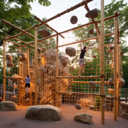 outdoor playground for adults, rock wall, knotted rope, jungle gym