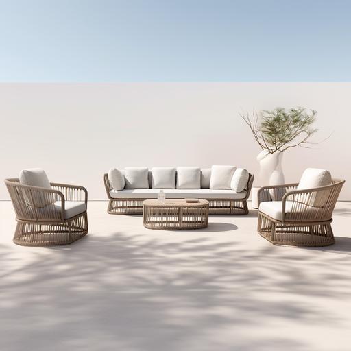outdoor sofa, armchairs and coffee tables set with white metal and weaving rope thick frame structure in a white environment with shadows, soft cushions. The backrest and the armrest must have different heights. Restoration hardware. Higold. space between sofa and armchairs. thick structure. net weaving rope. White background.