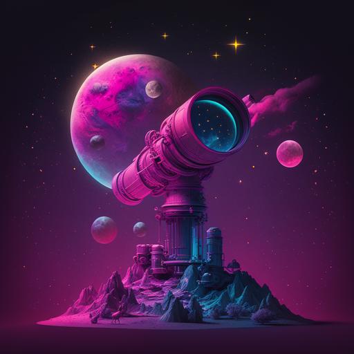 outer space, planets, stars, and the moon, observatory looking at the stars with an old vintage telescope, vibrant colours of pink, purple, blue, neon