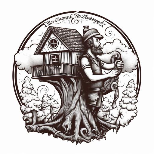 outline drawing black on white of a carpenter holding a hammer under a treehouse logo