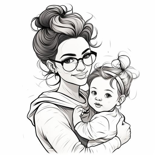outline drawling of a cartoon mom with a messy bun and holding a baby