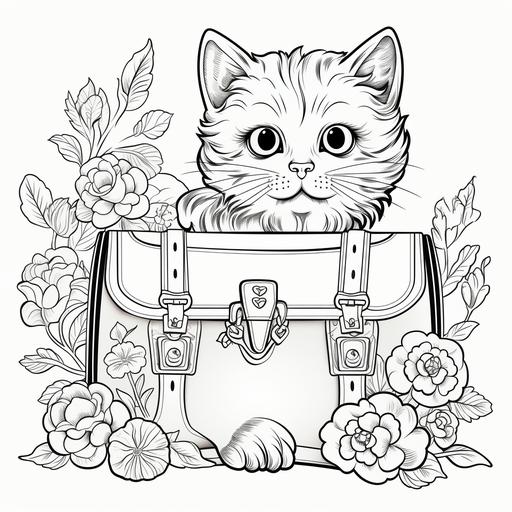 outline for a coloring book of a cat holding a purse