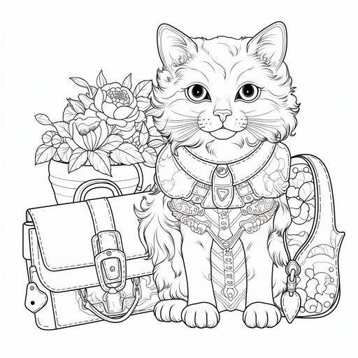 outline for a coloring book of a cat holding a purse
