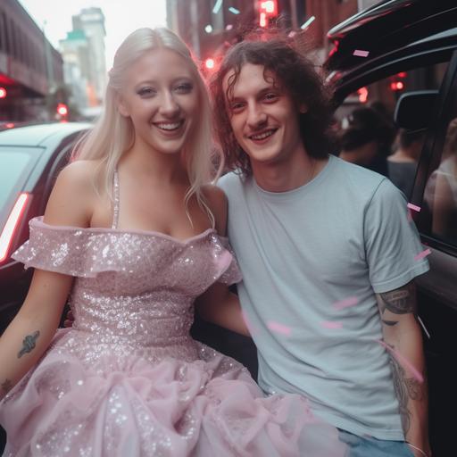 outrun aesthetic fairies in soho nyc wedding in front of a tesla and nyc skyline with pink sky and neon balloons and puppets dancing around with holographic clothes and foil holographic flowers full body --s 250 --v 5.2