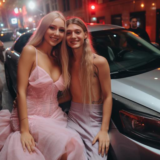 outrun aesthetic fairies in soho nyc wedding in front of a tesla and nyc skyline with pink sky and neon balloons and puppets dancing around with holographic clothes and foil holographic flowers full body --s 250 --v 5.2