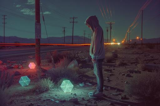 outside in a desert town landscape, at night with lights and telephone poles, dark arts, full body, enigmatic, dreamy portraits, young kid boy with hoodie and jeans on, short hair, distorted perspectives, exposure issues in the film negative, colorful glowing polyhedron shapes coming out of the ground, symbol --ar 3:2
