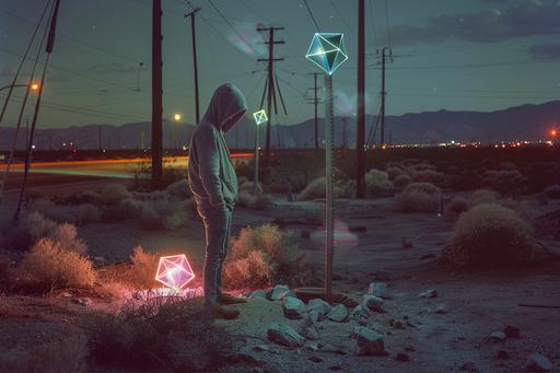 outside in a desert town landscape, at night with lights and telephone poles, dark arts, full body, enigmatic, dreamy portraits, young kid boy with hoodie and jeans on, short hair, distorted perspectives, exposure issues in the film negative, colorful glowing polyhedron shapes coming out of the ground, symbol --ar 3:2