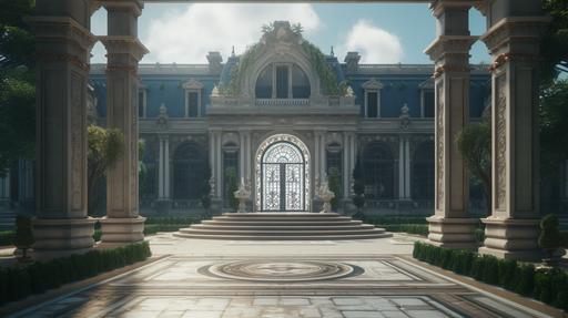 outside palace grounds, symmetry, greenery and large doors, 4k, animated look --ar 16:9