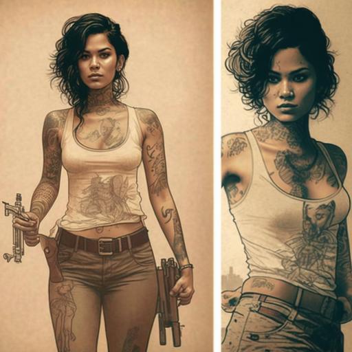 young thai woman, smuggler, gang member, guns, tattoos, cowboy boots,