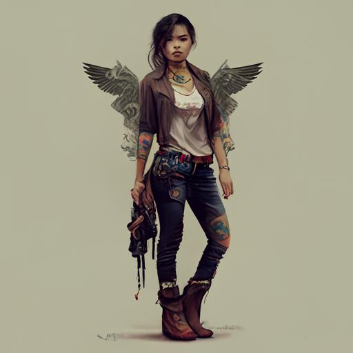 young thai woman, smuggler, gang member, guns, tattoos, cowboy boots,