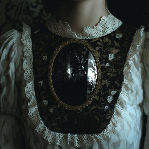 oval brooch on the chest of a girl in a white blouse with puffy sleeves and gold lace in a medieval style; high detail --ar 1:1