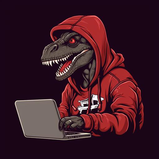 oval logo for a hackathon organization, NBA Toronto Raptors Dinosaur t-rex vintage style, Dinosaur is a hacker holding laptop, inspired by 'Dino' throwback jerseys during 2014-15 season, emblem, vintage, retro, realistic color, graphic, vector, text title on bottom like in NBA teams logos, highly detailed, 4k