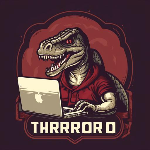 oval logo for a hackathon organization, NBA Toronto Raptors Dinosaur t-rex vintage style, Dinosaur is a hacker holding laptop, inspired by 'Dino' throwback jerseys during 2014-15 season, emblem, vintage, retro, realistic color, graphic, vector, text title like in NBA teams logos