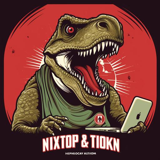 oval logo for a hackathon organization, NBA Toronto Raptors Dinosaur t-rex vintage style, Dinosaur is a hacker holding laptop, inspired by 'Dino' throwback jerseys during 2014-15 season, emblem, vintage, retro, realistic color, graphic, vector, text title words on bottom texted like in NBA logos, highly detailed, 4k