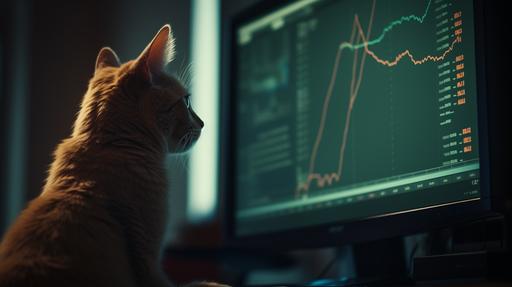 over the shoulder of cat on a computer with stock chart showing GameStop surging in price clear 4k high definition background, Color Film, High-Resolution Post --ar 16:9