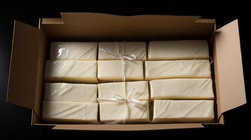 overhead photograph of a bricks of cheese in a white shipping box with flaps open on a dark wood contertop along with packing tape on the side --ar 16:9