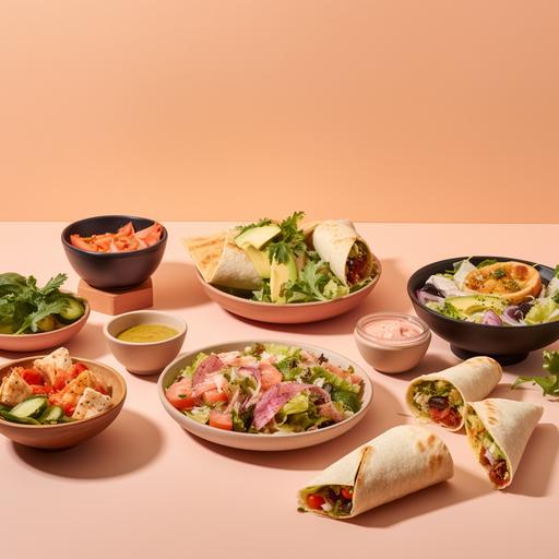 overhead product photo of healthy salad bowls, sandwiches and buritto rolls in a pastel pink background