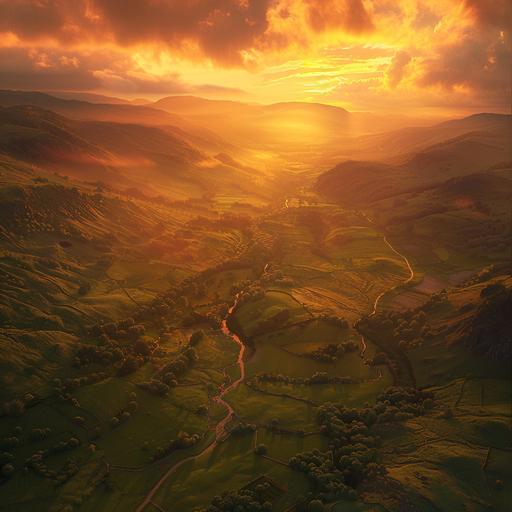 overhead shot of Welsh valleys, beautifully lit, sunset orange glowing sky, hyper realistic, 8K