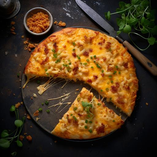 overhead shot of a gourmet slice of macaroni and cheese pizza in the style of bon apetit magazine