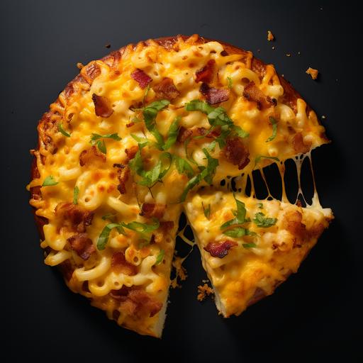 overhead shot of a gourmet slice of macaroni and cheese pizza in the style of bon apetit magazine