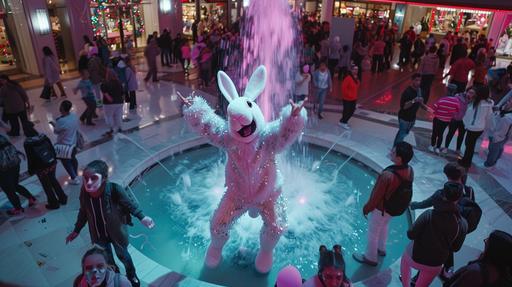 overhead shot of a person in an easter bunny costume singing and dancing in a mall with people looking confused and a fountain behind them studio lit shot in the style of a nathan for you episode 8k --ar 16:9 --v 6.0