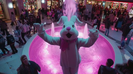 overhead shot of a person in an easter bunny costume singing and dancing in a mall with people looking confused and a fountain behind them studio lit shot in the style of a nathan for you episode 8k --v 6.0 --ar 16:9