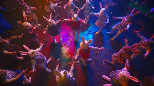 overhead shot of easter bunnies dressed in modern day clothing and shoes all holding hands dancing in a circle throwing pretzels up in the air studio lit 8k in the style of wes anderson --ar 16:9 --v 6.0
