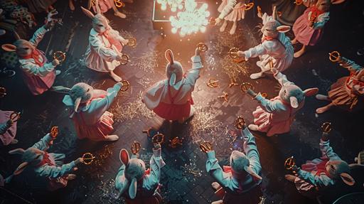 overhead shot of easter bunnies dressed in modern day clothing and shoes all holding hands dancing in a circle throwing pretzels up in the air studio lit 8k in the style of wes anderson --ar 16:9 --v 6.0