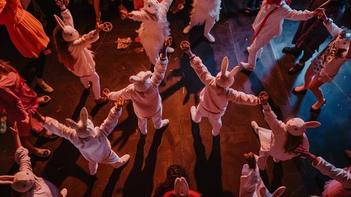 overhead shot of people wearing easter bunny costumes dressed in modern day clothing and shoes all holding hands dancing in a circle throwing pretzels up in the air studio lit 8k in the style of wes anderson --ar 16:9 --v 6.0