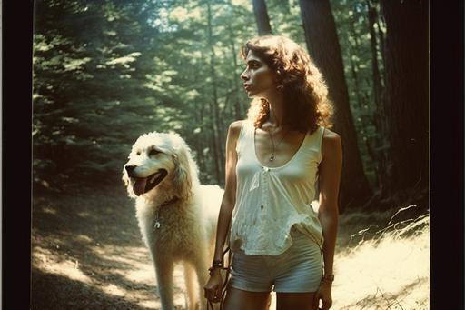 oversaturated matte grainy analog photo   hyperrealistic low-angle full body shot of a young woman with her dog   1970s   rebelious   no makeup  profile   in the forest. analog film grain   side view   Nan goldin   fine details   shadowplay   denoise, intricate stunning texture and details, ray of light, unreal engine 5, detailed   3D realistic, Dramatic matte lighting, --v 4 --ar 3:2