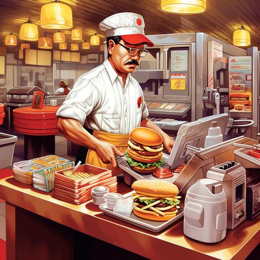 overtime fast food worker, cartoon